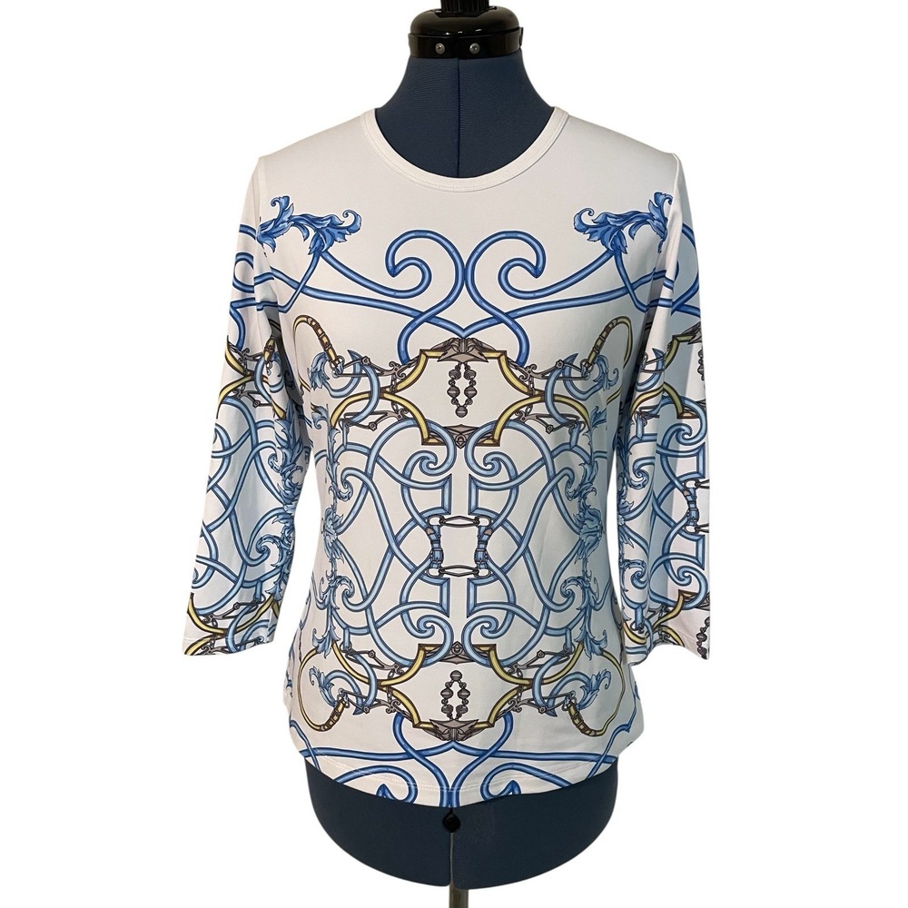 J McLaughlin Sig T White Blue Equestrian Bit Bridle Regal Catalina‎ Cloth Top M